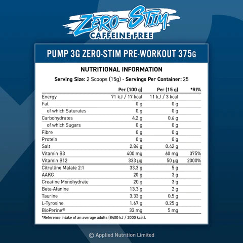 APPLIED NUTRITION PUMP 3G ZERO PRE WORKOUT 375G