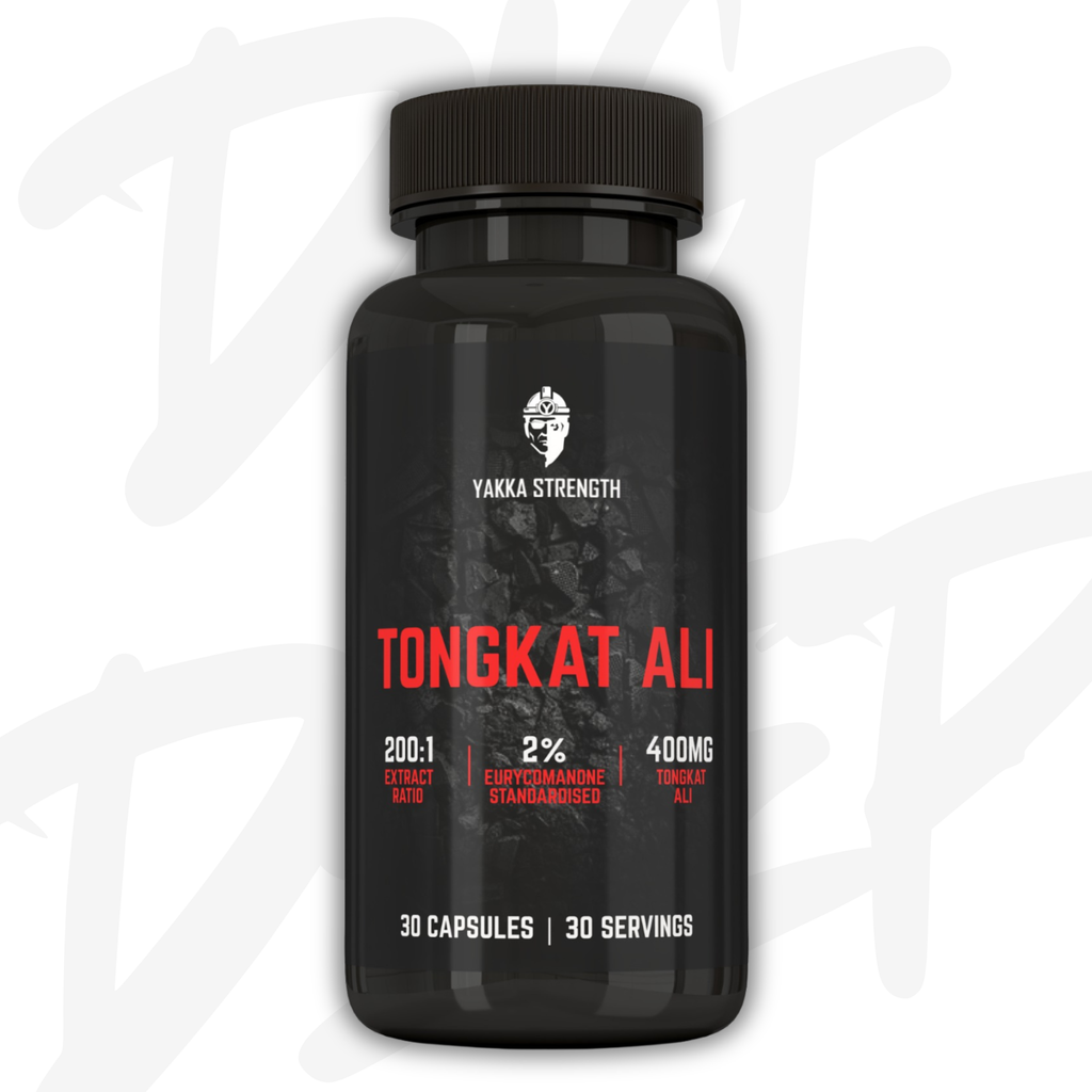 Yakka Strength Tongkat Ali 200:1 herbal extract supplement bottle front view - standardised 2% eurycomanone formula.