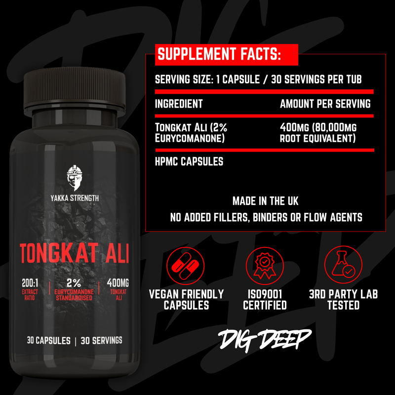 Product container with supplement facts, ingredients list, and badges indicating vegan friendly capsules, ISO 9001 certified manufacturing, and third-party lab testing.